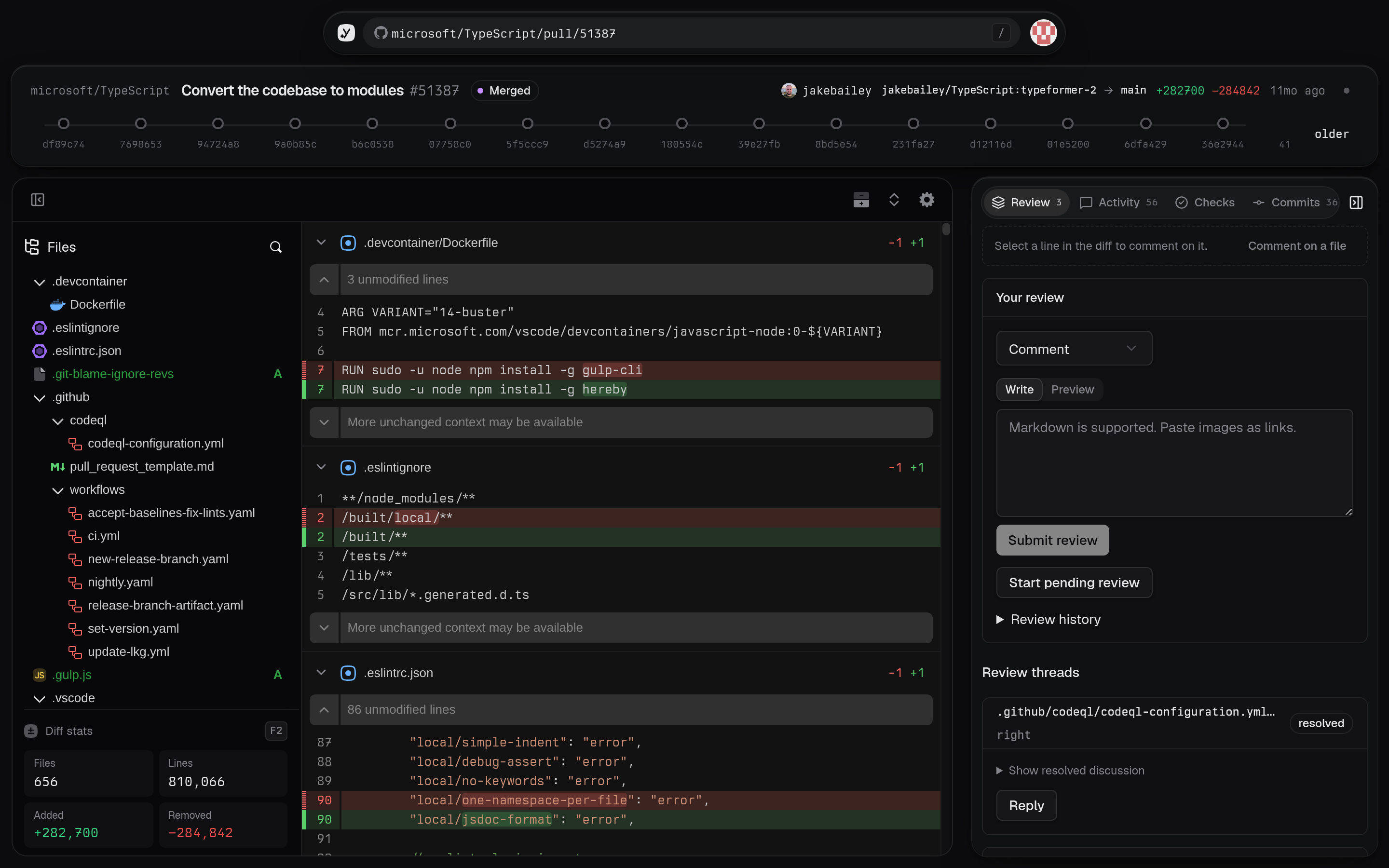 “Convert the codebase to modules”, 656 files, open in YGitHub: file tree, commit scrubber and the first hunk on one screen.